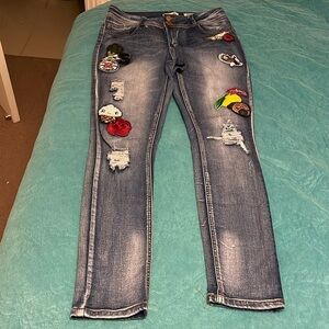 Vintage Indigo Rein Juniors size 13 Distressed Patchwork appliqué Ankle Denim‎